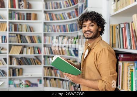 Un homme concentré en tenue décontractée lit un livre vert dans une bibliothèque bien garnie et organisée, suggérant un apprentissage et une éducation tout au long de la vie. Banque D'Images