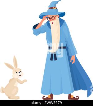 Sorcier avec lapin. Personnage magique fantastique. Mascotte de sorcier isolée sur fond blanc Illustration de Vecteur