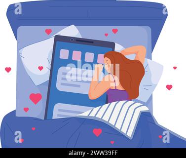Femme dormant dans le lit avec smartphone. Dépendance aux médias sociaux isolé sur fond blanc Illustration de Vecteur
