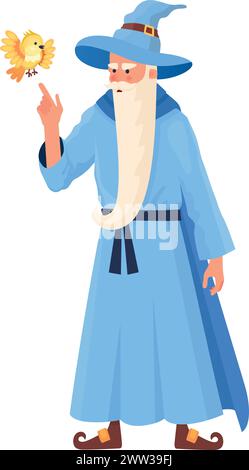 Fantaisie vieil homme avec la barbe dans le chapeau bleu et la robe. Personnage magique isolé sur fond blanc Illustration de Vecteur