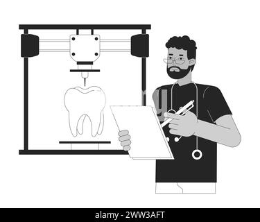 Impression 3D de dent humaine noir et blanc illustration plate de bande dessinée Illustration de Vecteur