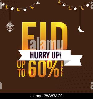 Offre spéciale EID. Conception de texte Golden Eid sur fond décoré de lune et d'étoiles. Jusqu'à 60 % de réduction. Affiche, bannière ou circulaire de vente créative et de réduction. Illustration de Vecteur