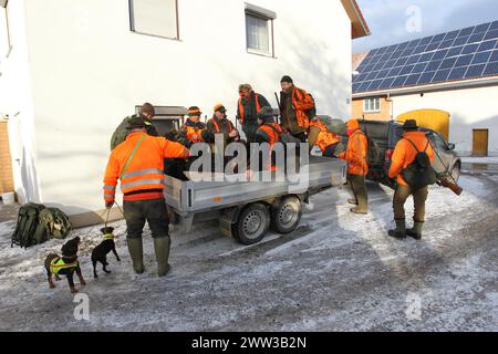 Chasseur de sanglier (sus scrofa) avec gilet haute visibilité sur remorque, Allgaeu, Bavière, Allemagne Banque D'Images