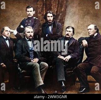 De gauche à droite, de haut : Léon Tolstoi et Dimitri Grigorovitch. Assis, Ivan Alexandrovitch Goncharov, Ivan Sergeevich Turguenov, Alexander Vassilievich Drouhinine et Alexander Nikolaievich Ostrovski. Ils sont les rédacteurs du magazine 'le contemporain' Banque D'Images