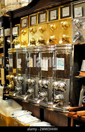 Café, récipient de café brillant plein de grains de café dans un café, Hambourg, ville hanséatique de Hambourg, Allemagne Banque D'Images