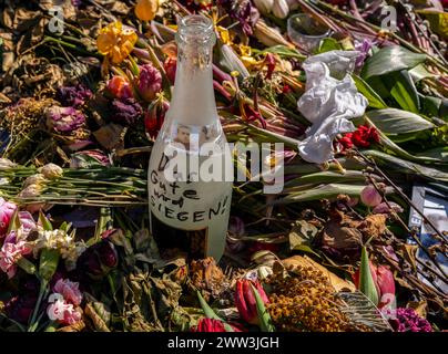 Pleurés avec des drapeaux et des fleurs devant l'ambassade de Russie Unter den Linden, Berlin, Allemagne Banque D'Images