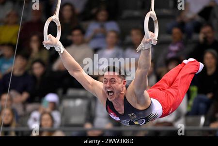 Andreas Toba GER, anneaux, gymnastique, gymnastique artistique, gymnaste, hommes, EnBW DTB-Pokal, Porsche-Arena, Stuttgart, Bade-Wuerttemberg, Allemagne Banque D'Images