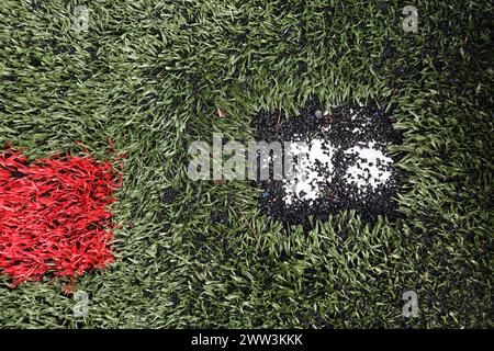 Gazon synthétique terrain de football en plastique surface 3 g avec remplissage de miettes de caoutchouc gazon en plastique AGP migration de microplastiques remplissage de caoutchouc en vrac Banque D'Images