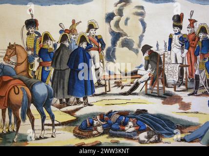 Bataille d'Austerlitz ou bataille des trois empereurs. Décembre 1805. Napoléon le soir avant Auterlitz. Gravure de F. Georgin, XIXe siècle. Banque D'Images