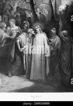Judas trahissant Jésus, Evangile de Matthieu, chapitre 26, halo, traître, disciple, bâtons, torche, baiser, Nouveau Testament, Bible, illustration historique 1886 Banque D'Images