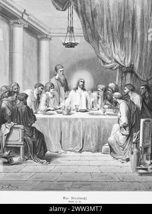 La dernière Cène, Évangile de Matthieu, chapitre 26, Jésus, halo, douze apôtres, Pâque, Jérusalem, ritrual, table, lampe à huile, Nouveau Testament Banque D'Images