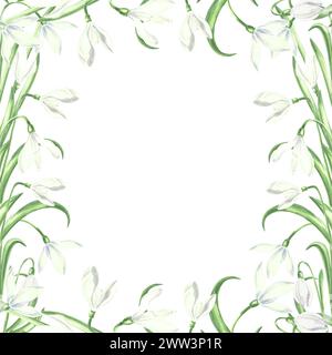 Cadre carré de gouttes de neige blanches fleur avec des feuilles vertes. Illustration isolée à l'aquarelle dessinée à la main des primroses. Carte postale printanière florale. Modèle Banque D'Images