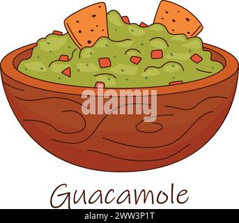 Illustration vectorielle d'un bol en bois rempli de guacamole et accompagné de nachos Illustration de Vecteur