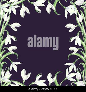 Cadre carré de gouttes de neige blanches fleur avec des feuilles vertes. Illustration isolée à l'aquarelle dessinée à la main des primroses. Carte postale printanière florale. Modèle Banque D'Images