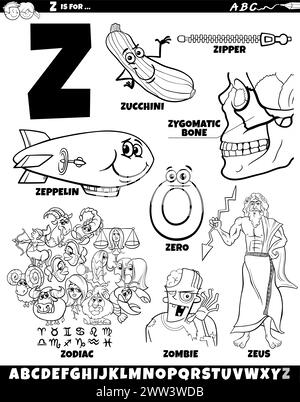 Illustration de dessin animé d'objets et de caractères définis pour la page de coloriage de lettre Z Illustration de Vecteur