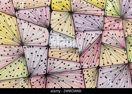 Points et lignes dans des carrés colorés. La technique de tamponnage près des bords donne un effet de flou dû à la rugosité de surface modifiée du papier. Banque D'Images