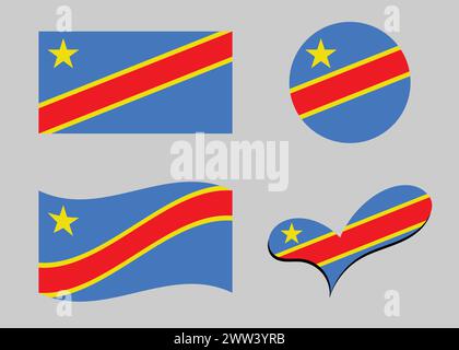 Drapeau du Congo. Drapeau du Congo en forme de coeur. Drapeau Congo en forme de cercle. Variations de drapeau de pays. Illustration de Vecteur