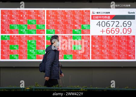 Tokyo, Japon. 21 mars 2024. Les membres du public passent devant une exposition montrant le Nikkei Stock Average dans le quartier financier de Tokyo. Crédit : Marcin Nowak/Alamy Live News Banque D'Images