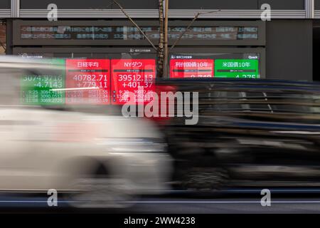 Tokyo, Japon. 21 mars 2024. Les membres du public passent devant une exposition montrant le Nikkei Stock Average dans le quartier financier de Tokyo. Crédit : Marcin Nowak/Alamy Live News Banque D'Images