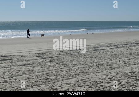 La photo montre un homme promenant son chien sur la plage de Garden City près de Myrtle Beach, Caroline du Sud, États-Unis. Banque D'Images