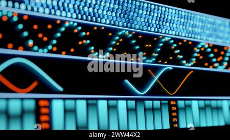 Interface avec code binaire, courbes, lignes, oscillateur et graphiques à barres. Interface avec code binaire, courbes, lignes, oscillateur et graphiques à barres, colorés dans Banque D'Images