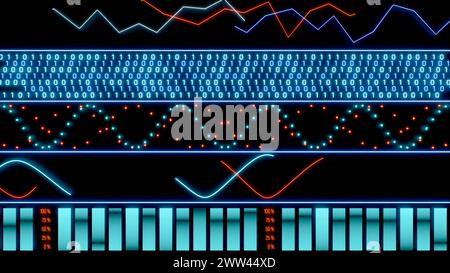 Interface avec code binaire, courbes, lignes, oscillateur et graphiques à barres. Interface avec code binaire, courbes, lignes, oscillateur et graphiques à barres, colorés dans Banque D'Images