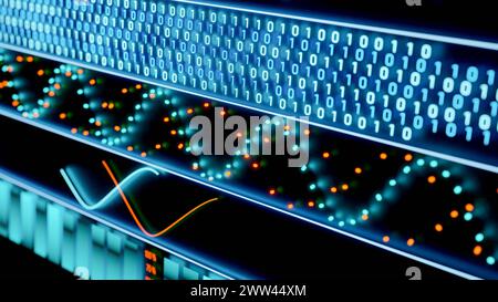 Interface avec code binaire, courbes, lignes, oscillateur et graphiques à barres. Interface avec code binaire, courbes, lignes, oscillateur et graphiques à barres, colorés dans Banque D'Images