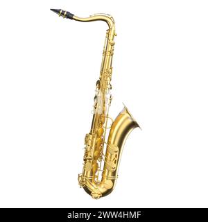 Image très détaillée d'un saxophone doré brillant isolé sur un fond blanc. rendu 3d. Banque D'Images