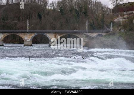 Eisenbahn und Fussgaengerbruecke ueber den Rhein, Rheinfall unterhalb des Schloss Laufen. 1880 im Rhein. Langzeitbelichtung, Rheinfall, Neuhausen SC Banque D'Images