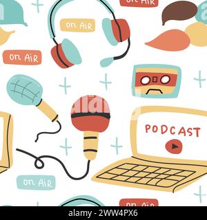 Fond de modèle sans couture de podcast avec des éléments audio et ordinateur portable isolé. Peut être utilisé pour la diffusion, concept de podcasting. Illustration de Vecteur