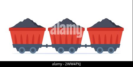 Chariots de mine de charbon. Wagon transportant du charbon en tas. Équipement pour l'industrie minière. Extraction souterraine de minéraux. Construction et transport de bâtiments Illustration de Vecteur