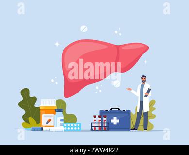 Foie humain. Traitement des maladies des organes internes. Concept de conception moderne avec caractère minuscule de médecin, médicaments médicaux, équipement, analyse. Illustration vectorielle Illustration de Vecteur