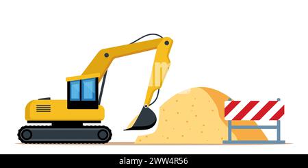 Excavatrice, pile de sable, pelle. Concept de processus de travail de construction. Matériel de construction. Illustration vectorielle Illustration de Vecteur