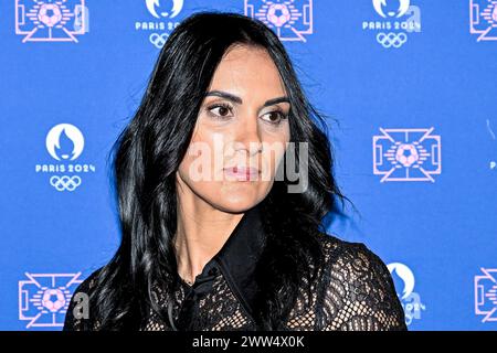 Paris, France. 20 mars 2024. Louisa Necib Cadamuro lors du tirage au sort final du tournoi de football des Jeux Olympiques au siège de Paris 2024 le 20 mars 2024 à Paris, France. Crédit : Victor Joly/Alamy Live News Banque D'Images