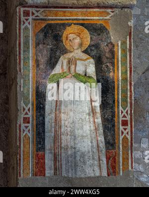 Fresque médiévale d'une femme vêtue de blanc avec une couronne dorée et un halo. Basilique Santa Maria di Collemaggio, L'Aquila, Abruzzes, Italie, Europe Banque D'Images