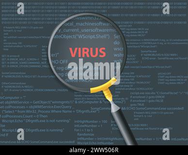 Virus de balayage sur fond de script avec concept de loupe, illustration vectorielle Illustration de Vecteur