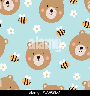 Joli motif sans couture avec ours. Fond d'enfants avec ours, abeilles et marguerites. Illustration vectorielle. Illustration de Vecteur
