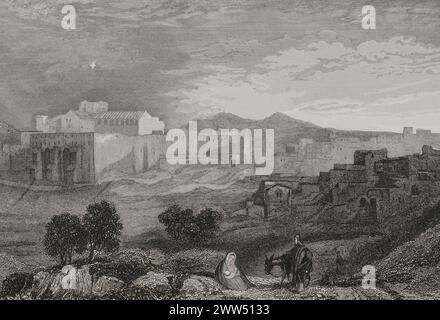 Bethléem. Vue générale. Gravure par Aubert. 'La Tierra Santa y los lugares recorridos por los profetas, por los apóstoles y por los cruzados' (Terre Sainte et lieux traversés par les prophètes, les apôtres et les croisés). Publié à Barcelone par l'imprimerie Joaquin Verdaguer, 1840. Banque D'Images
