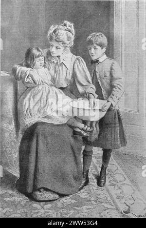 All My Infant Sorrows apaisé, une dame apaisant un enfant sur ses genoux, un garçon dans un kilt à côté d'elle. D'une peinture non attribuée. Noir et blanc. Photographie tirée d'un magazine initialement publié en 1899. Banque D'Images