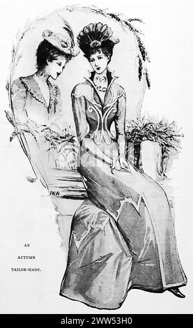 Un automne sur mesure, par M.W., montrant des dames en vêtements gris qui était alors à la mode. Noir et blanc. Photographie tirée d'un magazine initialement publié en 1899. Banque D'Images