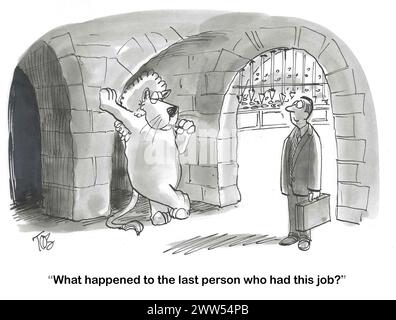 Bande dessinée BW d'un homme professionnel interrogeant un lion sur ce qui est arrivé à la dernière personne qui a eu ce travail. Banque D'Images