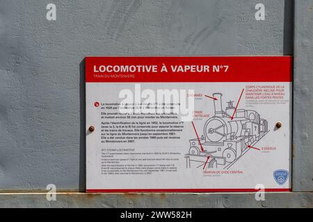 Panneau d'information de la locomotive à vapeur historique numéro 7, exposée dans la gare ferroviaire à crémaillère du Montenvers, Chamonix, haute Savoie, France Banque D'Images