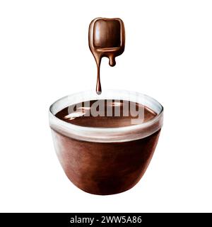 Bol en verre brun aquarelle de chocolat fondu liquide ou. Illustration de café réaliste dessinée à la main isolée sur fond blanc. Pour les designers, packa Banque D'Images