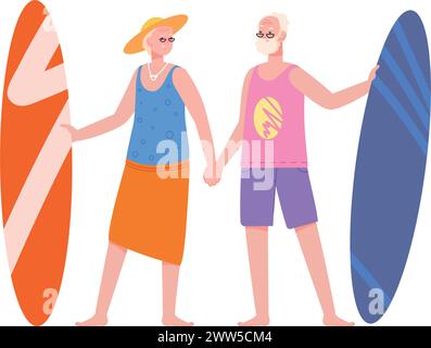 Heureux vieil homme et femme avec des planches de surf. Les seniors ensemble isolés sur fond blanc Illustration de Vecteur