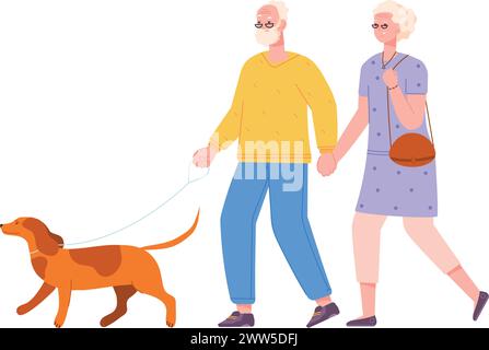 Personnes âgées heureuses marchant avec un chien en laisse. Personnes âgées en plein air isolées sur fond blanc Illustration de Vecteur