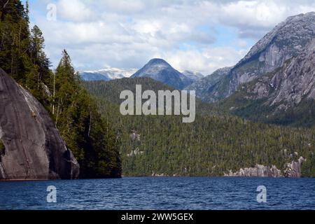 Montagnes et forêt de la côte du Pacifique au lac Ellerslie, dans la forêt pluviale Great Bear, territoire de la première nation Heiltsuk, Colombie-Britannique, Canada. Banque D'Images