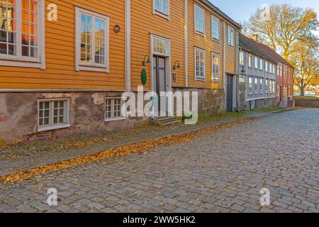 Fredrikstad, Norvège - 28 octobre 2016 : maisons colorées dans la vieille ville historique Cobblestone Street Gamlebyen. Banque D'Images