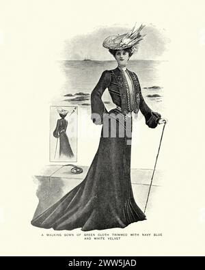 Edwardian British Women's fashion, Robe, 1902, femme portant une robe de marche, chapeau et canne de marche Banque D'Images