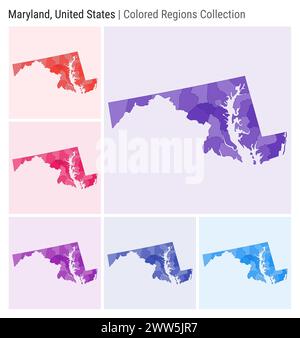 Maryland, États-Unis. Collection de cartes. Forme d'état. Comtés colorés. Violet foncé, rouge, rose, violet, indigo, palettes de couleurs bleues. Illustration de Vecteur