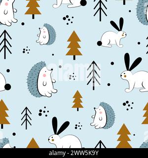 Modèle sans couture avec hérissons et lapins dans la forêt Illustration de Vecteur